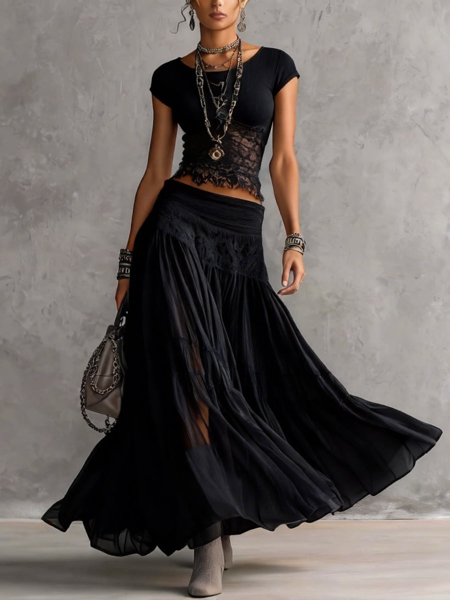 Lucia | Black Sheer Lace Top and Pleated Maxi Skirt Set