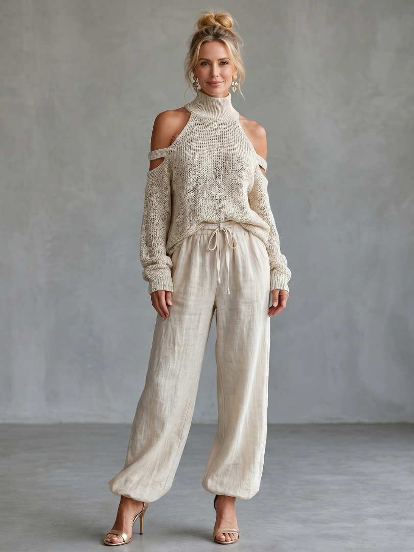 Questa | Open Shoulder Knit Top And Wide Leg Trousers Set