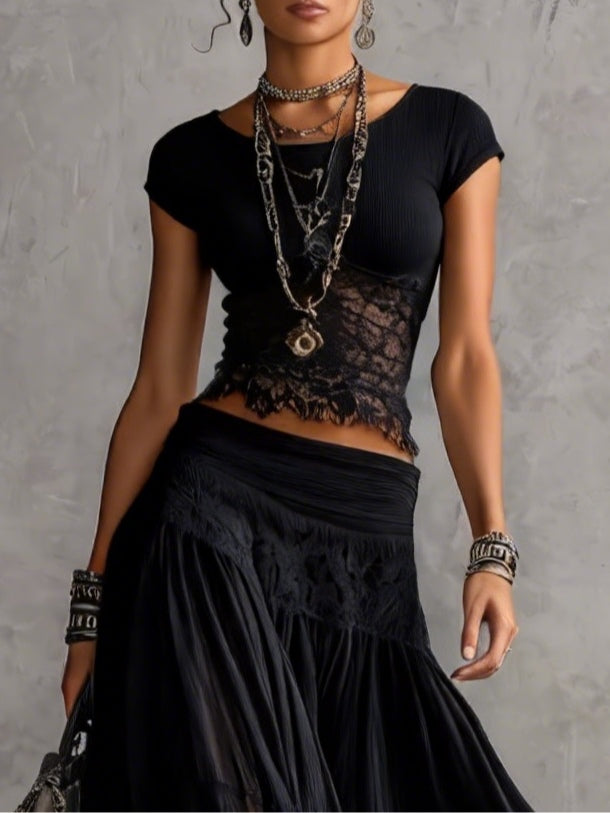 Lucia | Black Sheer Lace Top and Pleated Maxi Skirt Set