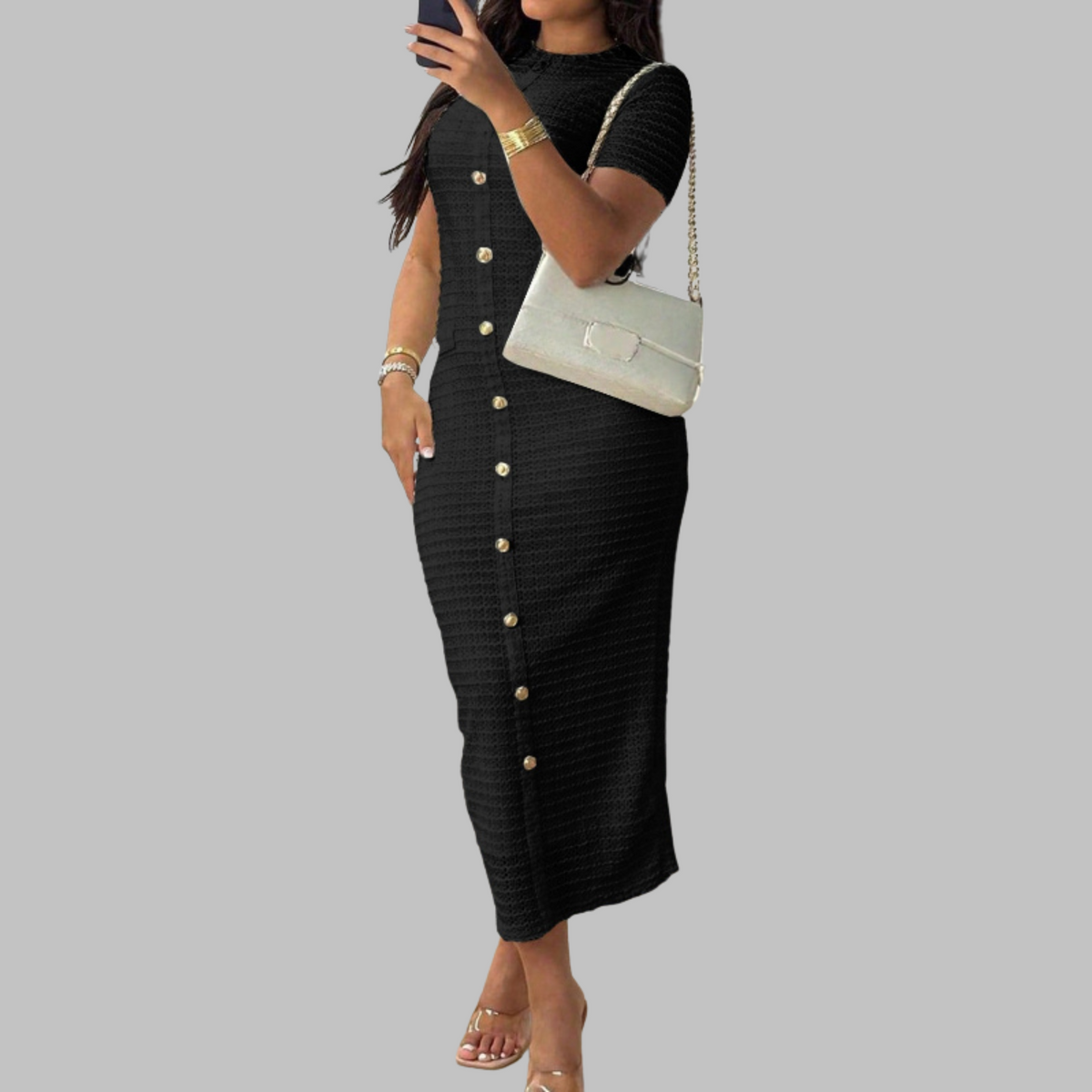 REGAN™ - Elegant Round Neck Fake Button Dress