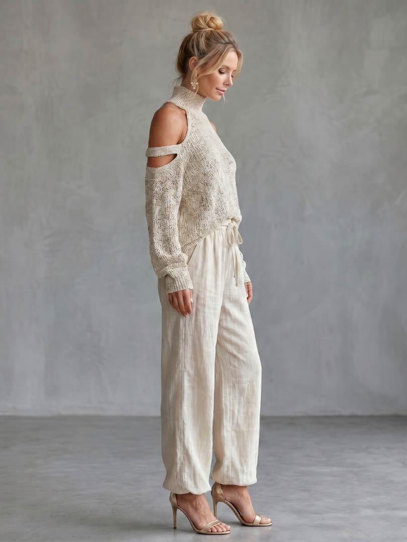 Questa | Open Shoulder Knit Top And Wide Leg Trousers Set