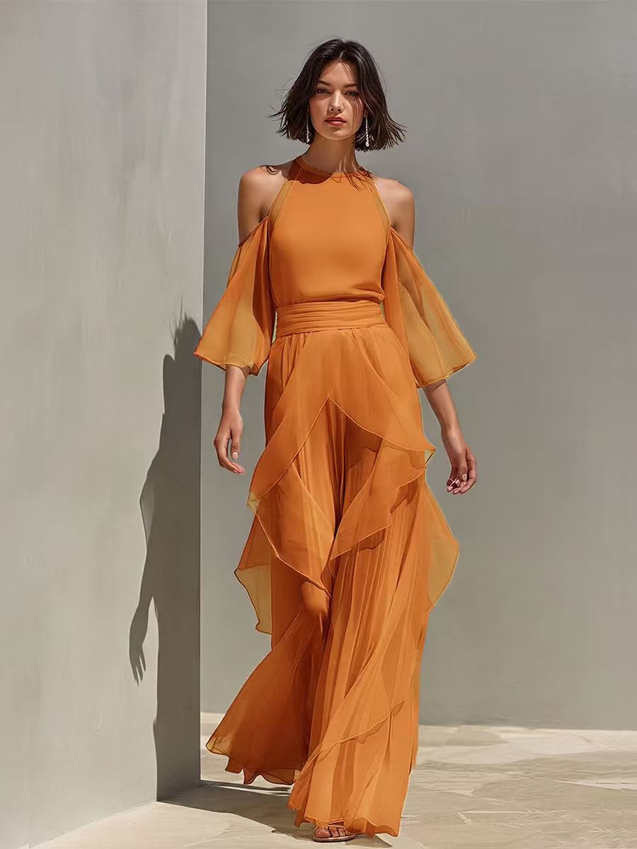 Solene | Cold Shoulder Chiffon Blouse And Wide Leg Trouser Set
