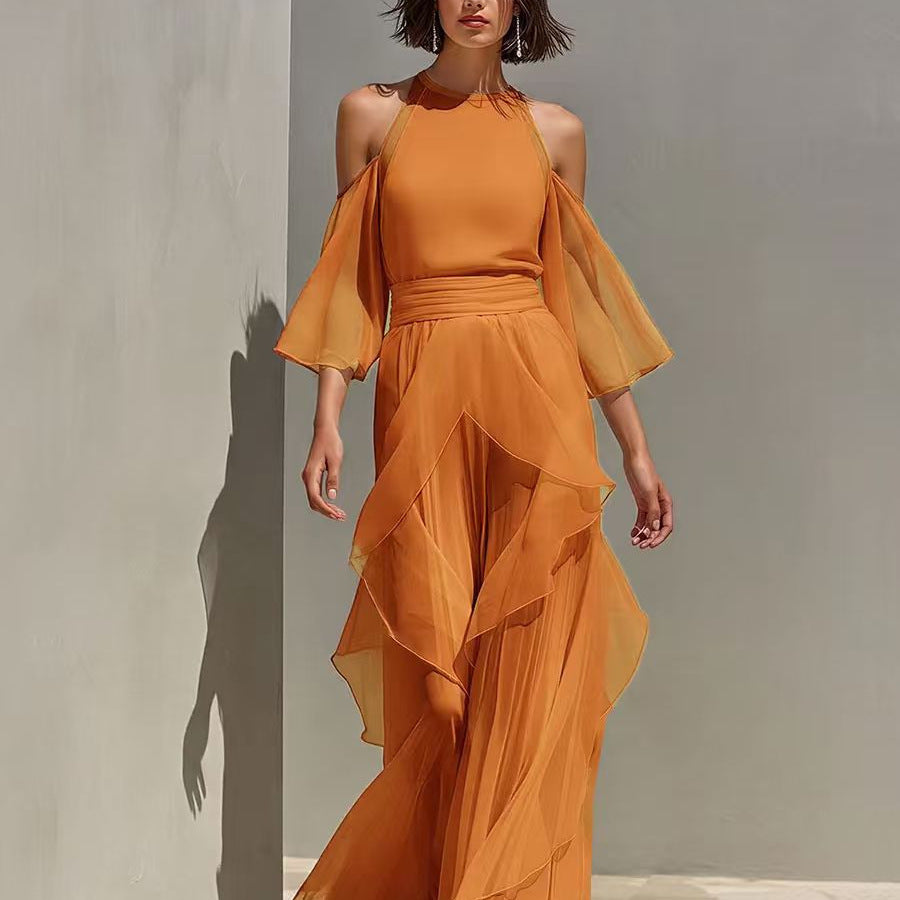Solene | Cold Shoulder Chiffon Blouse And Wide Leg Trouser Set